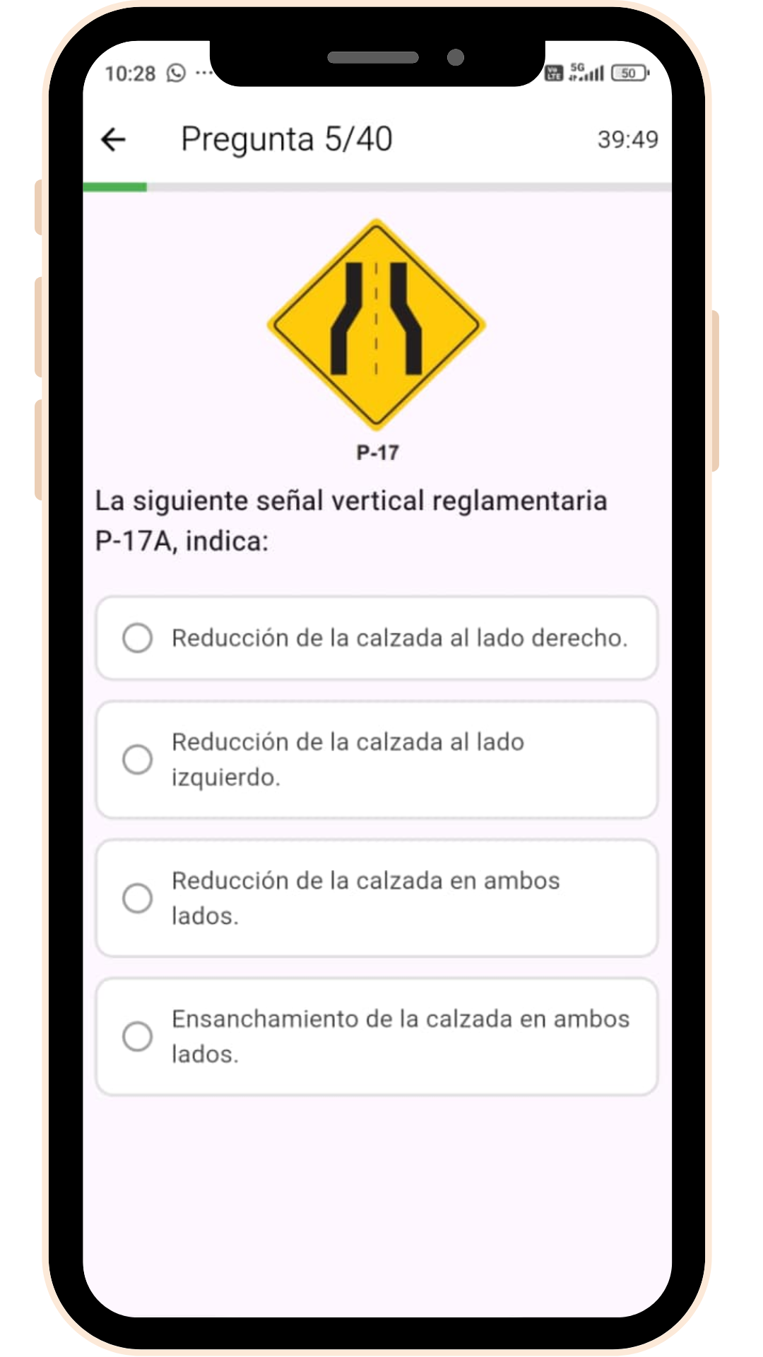 Pregunta de examen con imagen de señal de tránsito